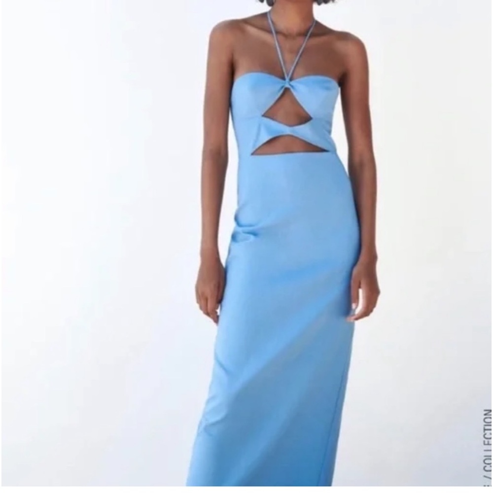 ZARA Blue midi halter dress with front cutouts